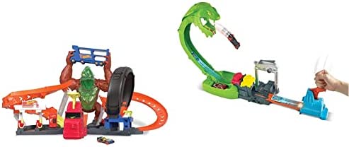 Cheap Toxic Gorilla Slam Gas Station & Tire Repair Shop Playset With Adjustable Launcher Lights & Sounds & 1 1:64 Scale Car Connects To Other Track Sets Gift For Kids 5 Years Old & Up - Track and Vehicle Play Edition