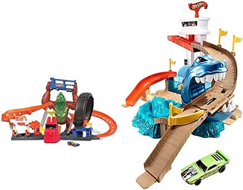 Cheap Toxic Gorilla Slam Gas Station & Tire Repair Shop Playset With Adjustable Launcher Lights & Sounds & 1 1:64 Scale Car Connects To Other Track Sets Gift For Kids 5 Years Old & Up - Track and Vehicle Play Edition
