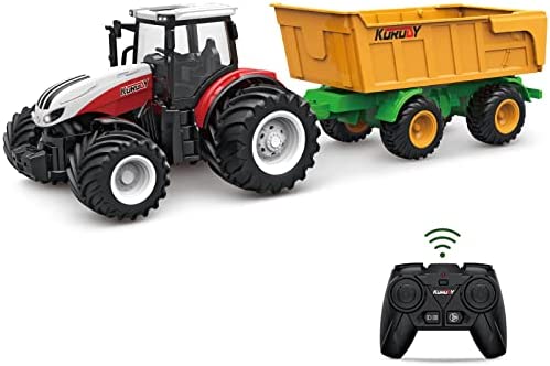 RC Tractor Remote Control Farm Truck With Trailer 1/24 Scale 2.4Ghz Electronic Tractor Farm Vehicle Toy With Light For Kids Age 5 6 7 8 9 And Up Years Old - Farm and Construction Play Edition