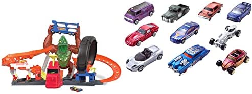 Cheap Toxic Gorilla Slam Gas Station & Tire Repair Shop Playset With Adjustable Launcher Lights & Sounds & 1 1:64 Scale Car Connects To Other Track Sets Gift For Kids 5 Years Old & Up - Track and Vehicle Play Edition