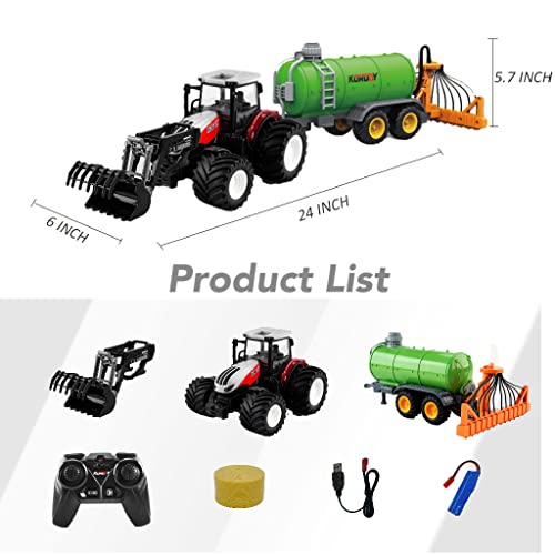 Remote Control Tractor Toy RC Truck With Trailer Farm Vehicle Toys Barrel Trailer With Spread Tubes Frontloader 1/24 Scale 2.4Ghz Farm Playset Toy For Kids Age 5 6 7 8 9 Up Years Old - Farm and Construction Play Edition