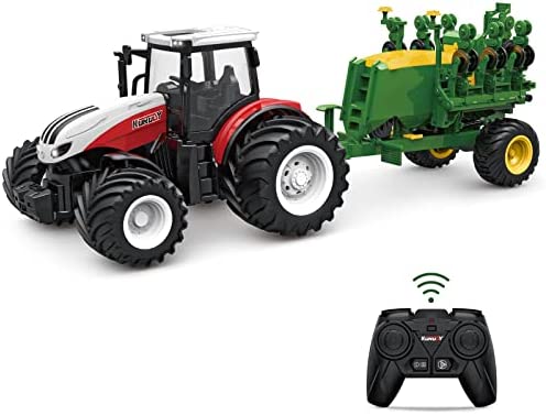 RC Tractor Remote Control Farm Truck With Trailer 1/24 Scale 2.4Ghz Electronic Tractor Farm Vehicle Toy With Light For Kids Age 5 6 7 8 9 And Up Years Old - Farm and Construction Play Edition