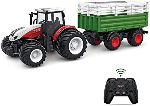 RC Tractor Remote Control Farm Truck With Trailer 1/24 Scale 2.4Ghz Electronic Tractor Farm Vehicle Toy With Light For Kids Age 5 6 7 8 9 And Up Years Old - Farm and Construction Play Edition