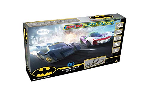 Micro Scalextric Justice League Batman Vs Joker Battery Powered 1:64 Slot Car Race Track Set G1155T Black - Track and Vehicle Play Edition