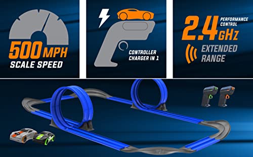 Mote Control Cordless Glow In The Dark High-Speed Super Loop Speedway Track Set With Two Cars For Dual Racing Glow Blue Blue Glow - Track and Vehicle Play Edition