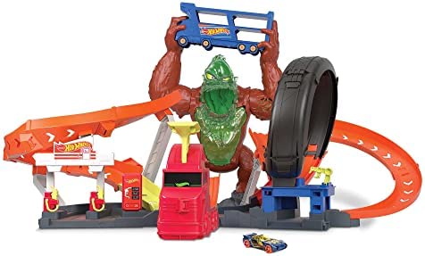 Cheap Toxic Gorilla Slam Gas Station & Tire Repair Shop Playset With Adjustable Launcher Lights & Sounds & 1 1:64 Scale Car Connects To Other Track Sets Gift For Kids 5 Years Old & Up - Track and Vehicle Play Edition