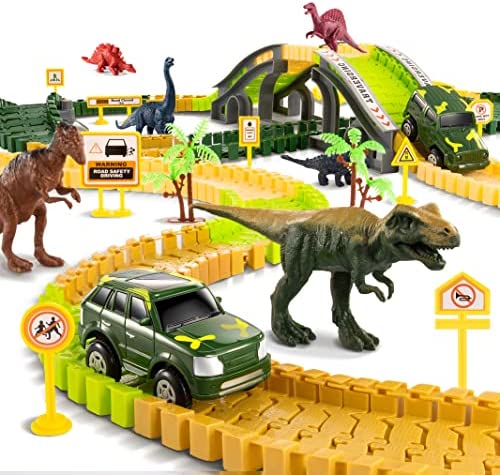 New Dinosaur Train Toys For Kids Longer Track 6 Realistic Jurassic Dino Figures 2 Electric Toy Car Twisted Flexible Train Track Set For Toddlers Boys & Girls 3 4 5 6 7 Years - Track and Vehicle Play Edition