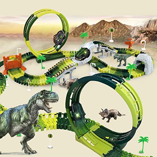 Inodoo Magic Tracks For Boys Girls Kids 144Pcs Flexible Glow In The Dark Race Track With LED Light-Up Dinosaur Race Car STEM Building Slot Car Toys well-suited Christmas Birthday Gifts For Aged 4-8 Dinosaur Race Track - Track and Vehicle Play Edition
