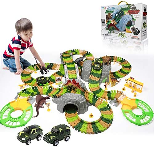 New Dinosaur Train Toys For Kids Longer Track 6 Realistic Jurassic Dino Figures 2 Electric Toy Car Twisted Flexible Train Track Set For Toddlers Boys & Girls 3 4 5 6 7 Years - Track and Vehicle Play Edition