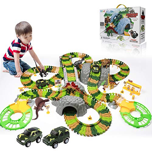 New Dinosaur Train Toys For Kids Longer Track 6 Realistic Jurassic Dino Figures 2 Electric Toy Car Twisted Flexible Train Track Set For Toddlers Boys & Girls 3 4 5 6 7 Years - Track and Vehicle Play Edition