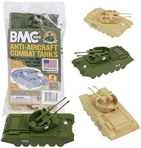 Promo Lassic Payton Anti-Aircraft Tanks – 4pc Tan Green Plastic Army Men Vehicle - Railway-Themed Play Edition