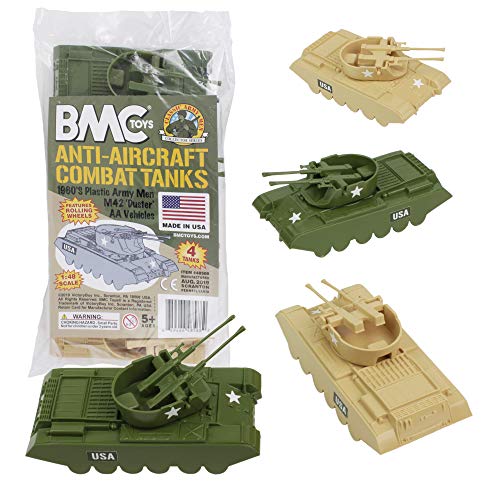 Promo Lassic Payton Anti-Aircraft Tanks – 4pc Tan Green Plastic Army Men Vehicle - Railway-Themed Play Edition