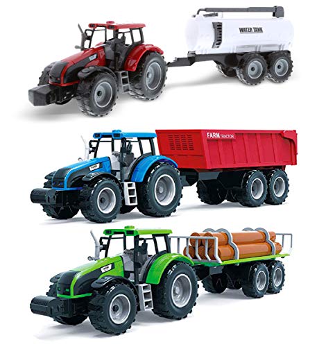 Friction Powered Farm Tractor Vehicles 16.5 Includes Farmer Tractor Water Tank And Log Trailer Push & Go No Batteries Needed (3pc Set) - Farm and Construction Play Edition