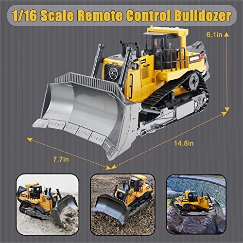 Bnam Remote Control Bulldozer RC 1/16 Full Functional Construction Vehicle 2.4Ghz 9 Channel Dozer Front Loader Toy With Light And Sound For Kids Age 6 7 8 9 10 And Up Years Old - Farm and Construction Play Edition