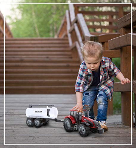 Friction Powered Farm Tractor Vehicles 16.5 Includes Farmer Tractor Water Tank And Log Trailer Push & Go No Batteries Needed (3pc Set) - Farm and Construction Play Edition