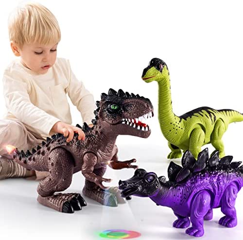 New 3 Pack Electric Walking Dinosaur Toys For Toddlers 2-4 3-5 Years With Roar Sounds And Lights Up Realistic Robot T-Rex Brachiosaurus Stegosaurus Dinosaur Figures For Kids - Track and Vehicle Play Edition