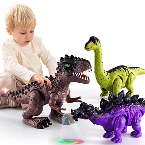 New 3 Pack Electric Walking Dinosaur Toys For Toddlers 2-4 3-5 Years With Roar Sounds And Lights Up Realistic Robot T-Rex Brachiosaurus Stegosaurus Dinosaur Figures For Kids - Track and Vehicle Play Edition