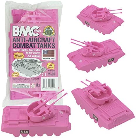 Promo Lassic Payton Anti-Aircraft Tanks – 4pc Tan Green Plastic Army Men Vehicle - Railway-Themed Play Edition