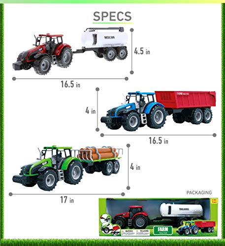 Friction Powered Farm Tractor Vehicles 16.5 Includes Farmer Tractor Water Tank And Log Trailer Push & Go No Batteries Needed (3pc Set) - Farm and Construction Play Edition
