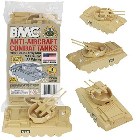 Promo Lassic Payton Anti-Aircraft Tanks – 4pc Tan Green Plastic Army Men Vehicle - Railway-Themed Play Edition