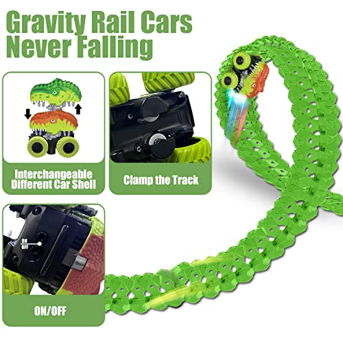 Inodoo Magic Tracks For Boys Girls Kids 144Pcs Flexible Glow In The Dark Race Track With LED Light-Up Dinosaur Race Car STEM Building Slot Car Toys well-suited Christmas Birthday Gifts For Aged 4-8 Dinosaur Race Track - Track and Vehicle Play Edition