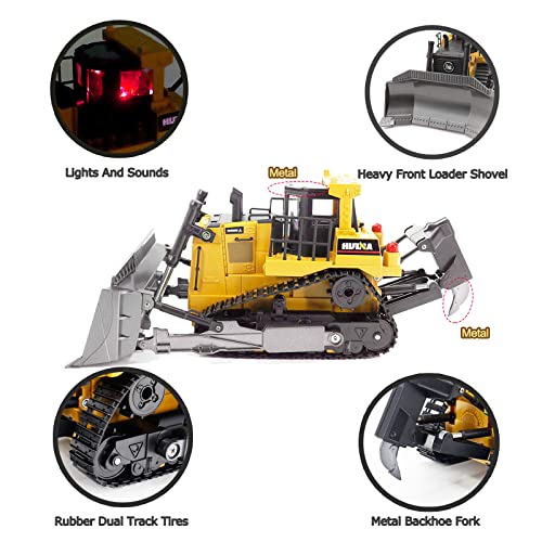 Bnam Remote Control Bulldozer RC 1/16 Full Functional Construction Vehicle 2.4Ghz 9 Channel Dozer Front Loader Toy With Light And Sound For Kids Age 6 7 8 9 10 And Up Years Old - Farm and Construction Play Edition