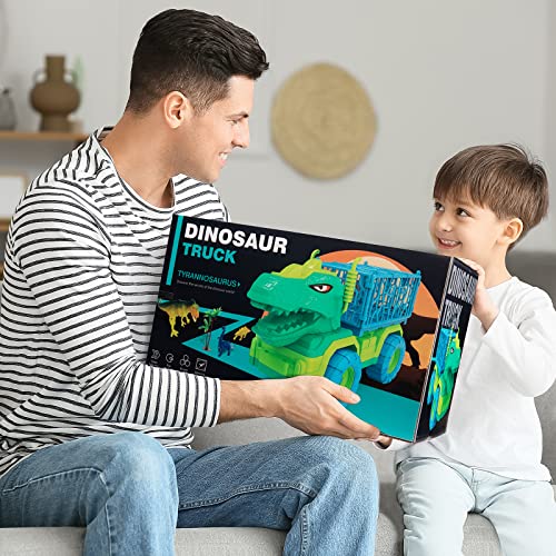 Budget Dinosaur Truck Toys For Kids 3-5 Years Tyrannosaurus Transport Car Carrier Truck With 8 Dino Figures Activity Play Mat Dinosaur Eggs Capture Jurassic Dinosaur Play Set For Boys And Girls - Track and Vehicle Play Edition