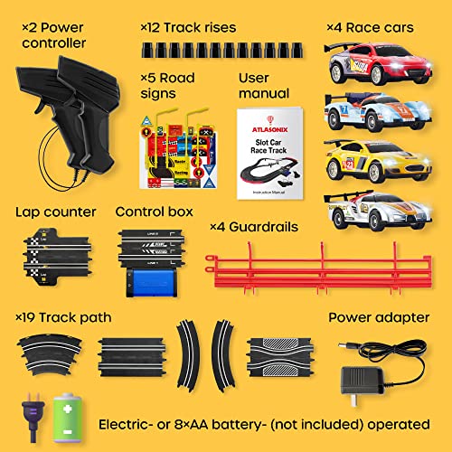 Slot Car Race Track Sets – Battery Or Electric Race Car Track With 4 Cars Dual Electric Race Track W/ 2 Remotes Lap Counter & Lights For Girls & Boys Age 8-12 - Track and Vehicle Play Edition