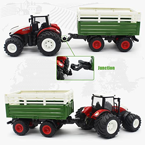 RC Tractor Remote Control Farm Truck With Trailer 1/24 Scale 2.4Ghz Electronic Tractor Farm Vehicle Toy With Light For Kids Age 5 6 7 8 9 And Up Years Old - Farm and Construction Play Edition