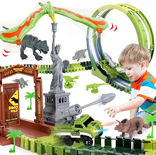 174 PCS Dinosaur Toys Race Track Flexible Train Tracks With 8 Dinosaurs Figures 2 Electric Race Cars Vehicle Playset With Lights To Create A Dinosaur World Road Race For Toddlers Kids Boys Girls - Track and Vehicle Play Edition