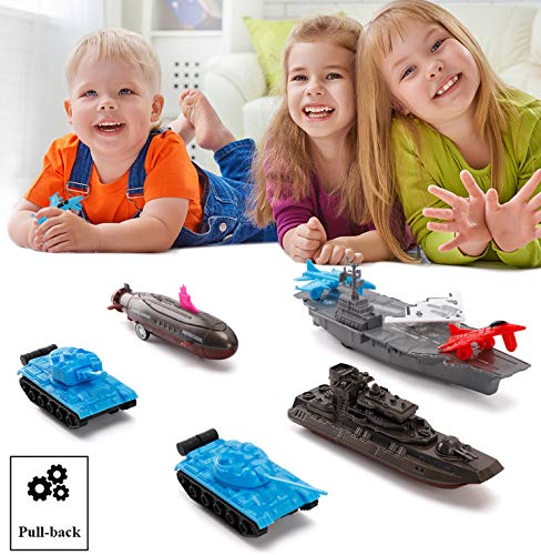 Aircraft Carrier Pullback Mini Military Toy Playset With Fighter Jets Stealth Bomber Tank Warship Submarine (8 Pieces) - Ocean Adventure Play Edition