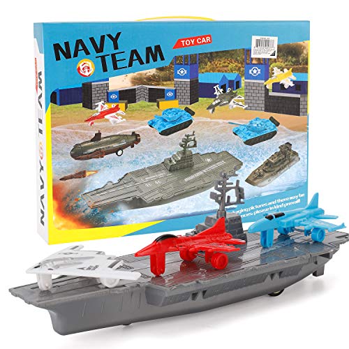 Aircraft Carrier Pullback Mini Military Toy Playset With Fighter Jets Stealth Bomber Tank Warship Submarine (8 Pieces) - Ocean Adventure Play Edition