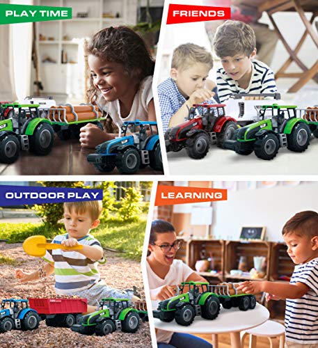 Friction Powered Farm Tractor Vehicles 16.5 Includes Farmer Tractor Water Tank And Log Trailer Push & Go No Batteries Needed (3pc Set) - Farm and Construction Play Edition