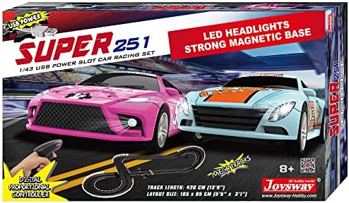 Super 251 USB Power Slot Car Racing Set LED Headlights Strong Magnetic Base Mechanical Lap Counter & Powerbase Integrated As Combo Track For Ages 8 And Up - Track and Vehicle Play Edition