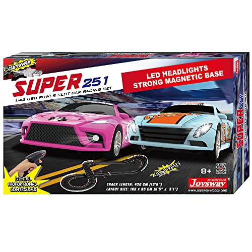 Super 251 USB Power Slot Car Racing Set LED Headlights Strong Magnetic Base Mechanical Lap Counter & Powerbase Integrated As Combo Track For Ages 8 And Up - Track and Vehicle Play Edition