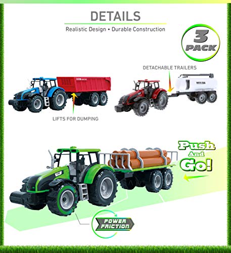 Friction Powered Farm Tractor Vehicles 16.5 Includes Farmer Tractor Water Tank And Log Trailer Push & Go No Batteries Needed (3pc Set) - Farm and Construction Play Edition