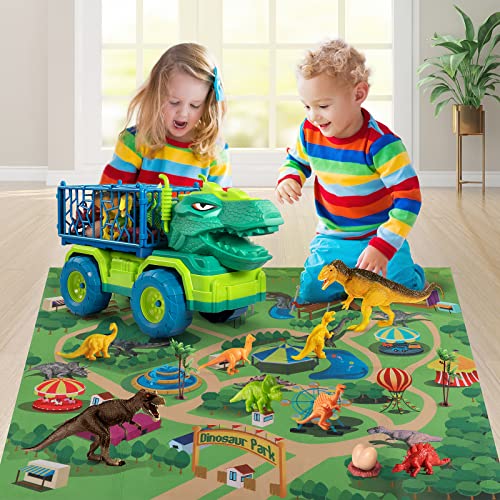 Budget Dinosaur Truck Toys For Kids 3-5 Years Tyrannosaurus Transport Car Carrier Truck With 8 Dino Figures Activity Play Mat Dinosaur Eggs Capture Jurassic Dinosaur Play Set For Boys And Girls - Track and Vehicle Play Edition