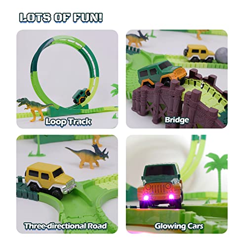 Dinosaur Toys For Kids 3-5 245 Pcs Dino Race Car Track Create A Dinosaur World Road Race With Flexible Train Track Playset 2 Electric Dinosaur Race Cars Toy,well-suited Gift For 3 4 5 Years Old Boys Girls Pink - Track and Vehicle Play Edition