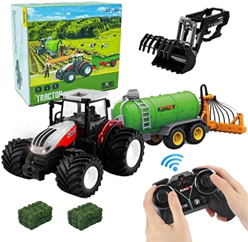 Remote Control Tractor Toy RC Truck With Trailer Farm Vehicle Toys Barrel Trailer With Spread Tubes Frontloader 1/24 Scale 2.4Ghz Farm Playset Toy For Kids Age 5 6 7 8 9 Up Years Old - Farm and Construction Play Edition