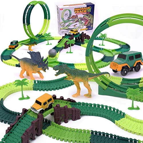 Dinosaur Toys For Kids 3-5 245 Pcs Dino Race Car Track Create A Dinosaur World Road Race With Flexible Train Track Playset 2 Electric Dinosaur Race Cars Toy,well-suited Gift For 3 4 5 Years Old Boys Girls Pink - Track and Vehicle Play Edition