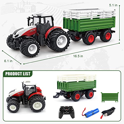 RC Tractor Remote Control Farm Truck With Trailer 1/24 Scale 2.4Ghz Electronic Tractor Farm Vehicle Toy With Light For Kids Age 5 6 7 8 9 And Up Years Old - Farm and Construction Play Edition