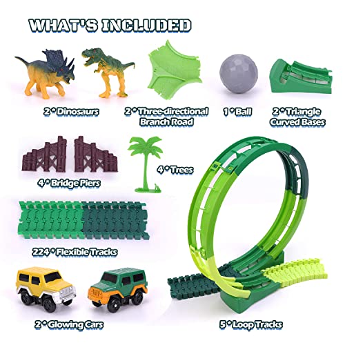 Dinosaur Toys For Kids 3-5 245 Pcs Dino Race Car Track Create A Dinosaur World Road Race With Flexible Train Track Playset 2 Electric Dinosaur Race Cars Toy,well-suited Gift For 3 4 5 Years Old Boys Girls Pink - Track and Vehicle Play Edition