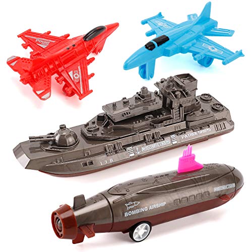 Aircraft Carrier Pullback Mini Military Toy Playset With Fighter Jets Stealth Bomber Tank Warship Submarine (8 Pieces) - Ocean Adventure Play Edition
