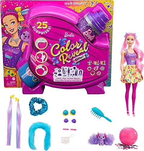 New Color Reveal Doll Glittery Purple With 25 Hairstyling & Party-Themed Surprises Including 10 Plug-in Hair Pieces Gift For Kids 3 Years Old & Up - Railway-Themed Play Edition