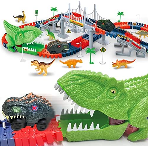 Inodoo Magic Tracks For Boys Girls Kids 144Pcs Flexible Glow In The Dark Race Track With LED Light-Up Dinosaur Race Car STEM Building Slot Car Toys well-suited Christmas Birthday Gifts For Aged 4-8 Dinosaur Race Track - Track and Vehicle Play Edition