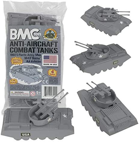 Promo Lassic Payton Anti-Aircraft Tanks – 4pc Tan Green Plastic Army Men Vehicle - Railway-Themed Play Edition