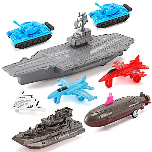 Aircraft Carrier Pullback Mini Military Toy Playset With Fighter Jets Stealth Bomber Tank Warship Submarine (8 Pieces) - Ocean Adventure Play Edition