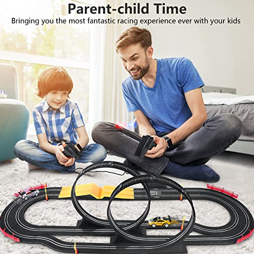 Electric High-Speed Slot Car Race Car Track Sets With 2 1:43 Scale Slot Cars And 2 Hand Controllers With Headlights And Dual Racing Toys Gifts For 6 7 8 9 10 11 12 Boys Girl - Track and Vehicle Play Edition