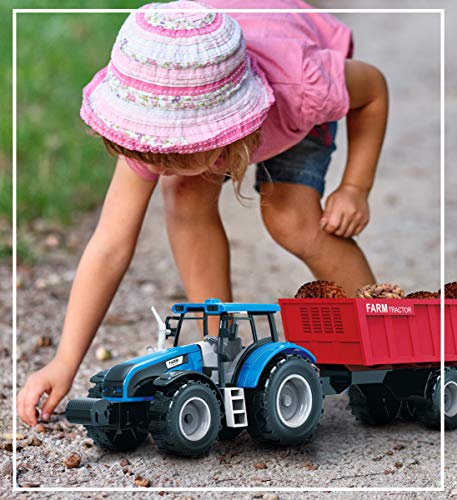 Friction Powered Farm Tractor Vehicles 16.5 Includes Farmer Tractor Water Tank And Log Trailer Push & Go No Batteries Needed (3pc Set) - Farm and Construction Play Edition