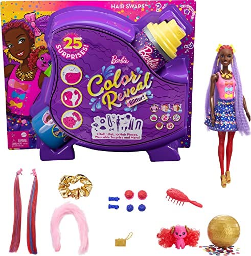 New Color Reveal Doll Glittery Purple With 25 Hairstyling & Party-Themed Surprises Including 10 Plug-in Hair Pieces Gift For Kids 3 Years Old & Up - Railway-Themed Play Edition